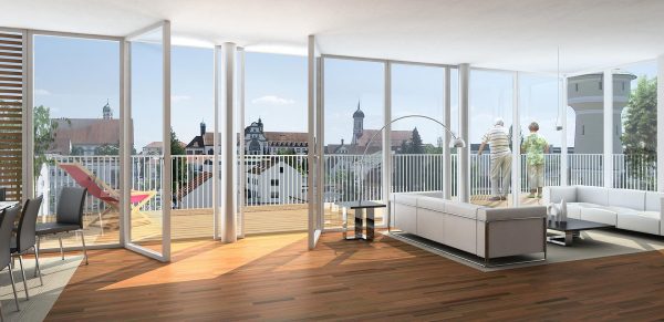 Bild von Zimmer mit großen Fenstern - Aussicht auf Stadt